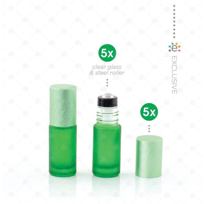 Deluxe Frosted 5Ml Green Roller Bottles With Metallic Caps & Premium Rollers (5 Pack) Glass Bottle