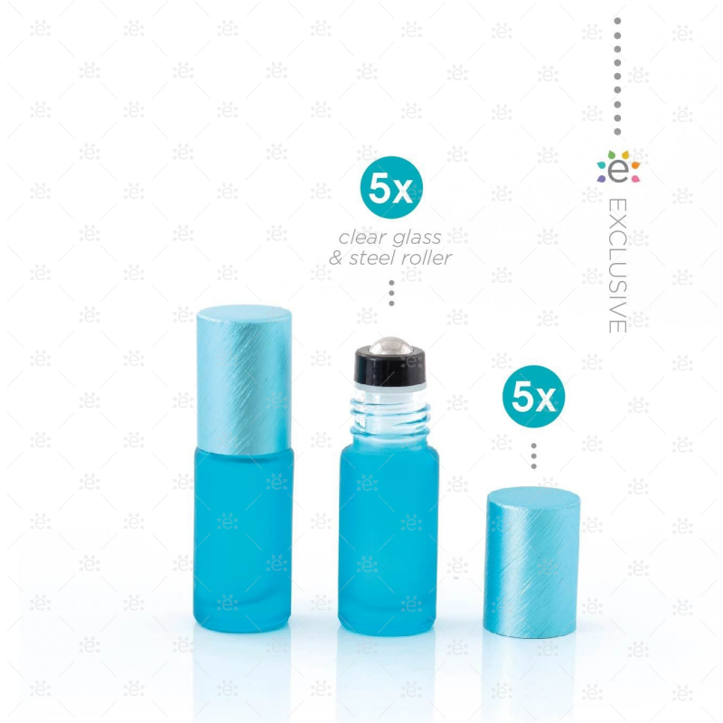 Deluxe Frosted 5Ml Teal Roller Bottles With Metallic Caps & Premium Rollers (5 Pack) Glass Bottle