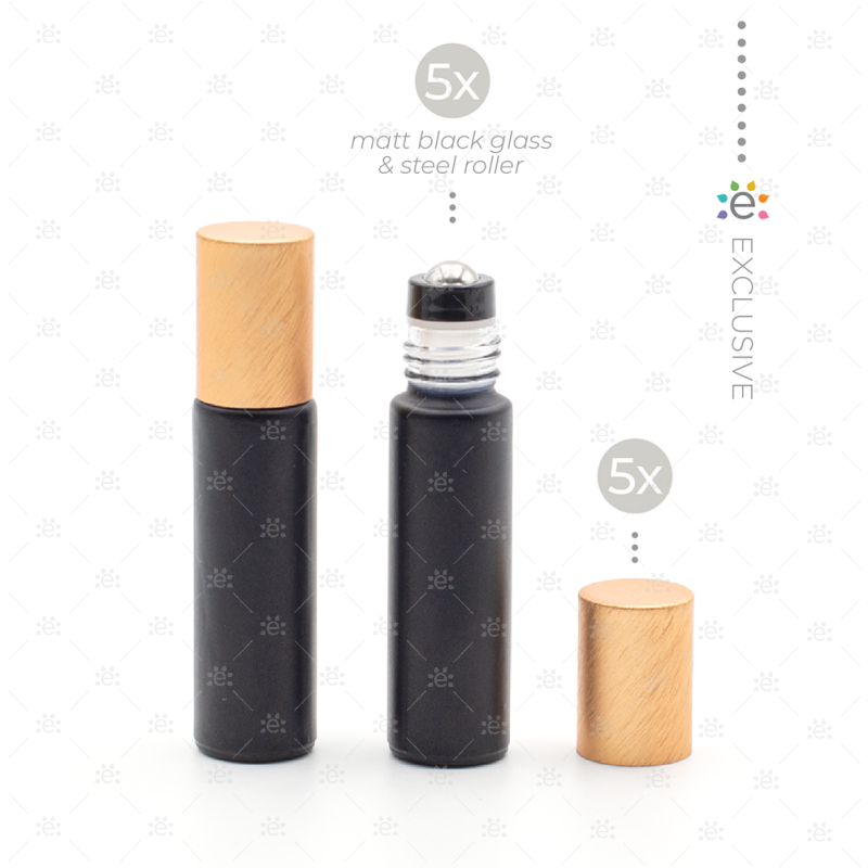 Deluxe Matte 10Ml Black Roller Bottles With Copper Metallic Caps & Premium Rollers (5 Pack) Glass