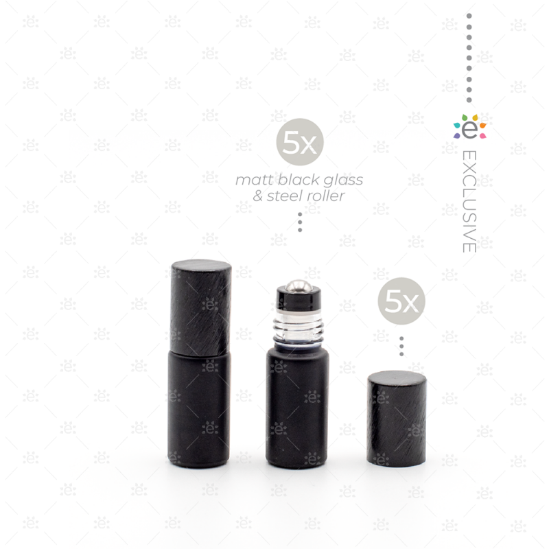 Deluxe Matte 5Ml Black Roller Bottles With Metallic Caps & Premium Rollers (5 Pack) Glass Bottle