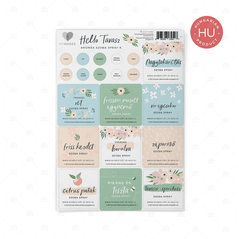 Mymakes:  Hello Spring Aromatic Room Sprays - Label Sheet Hungarian Labels