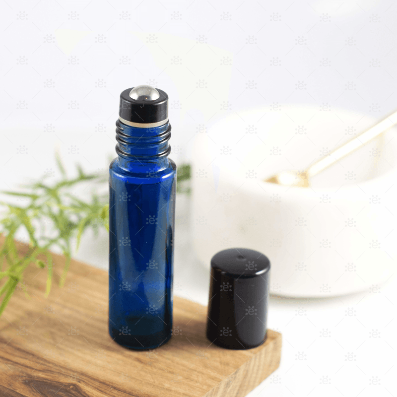 10Ml Blue Glass Roller Bottle With Black Lid & Premium Stainless Steel Rollerball