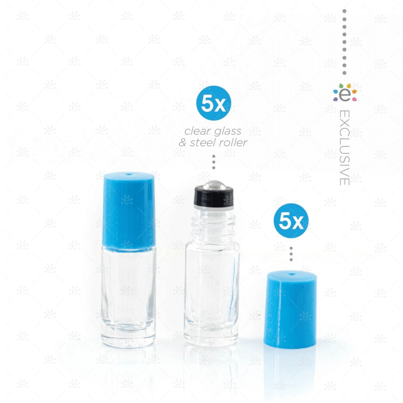 5Ml Clear Glass Roller Bottle With Astronaut (Blue) Lid & Premium Stainless Steel Rollerball - 5