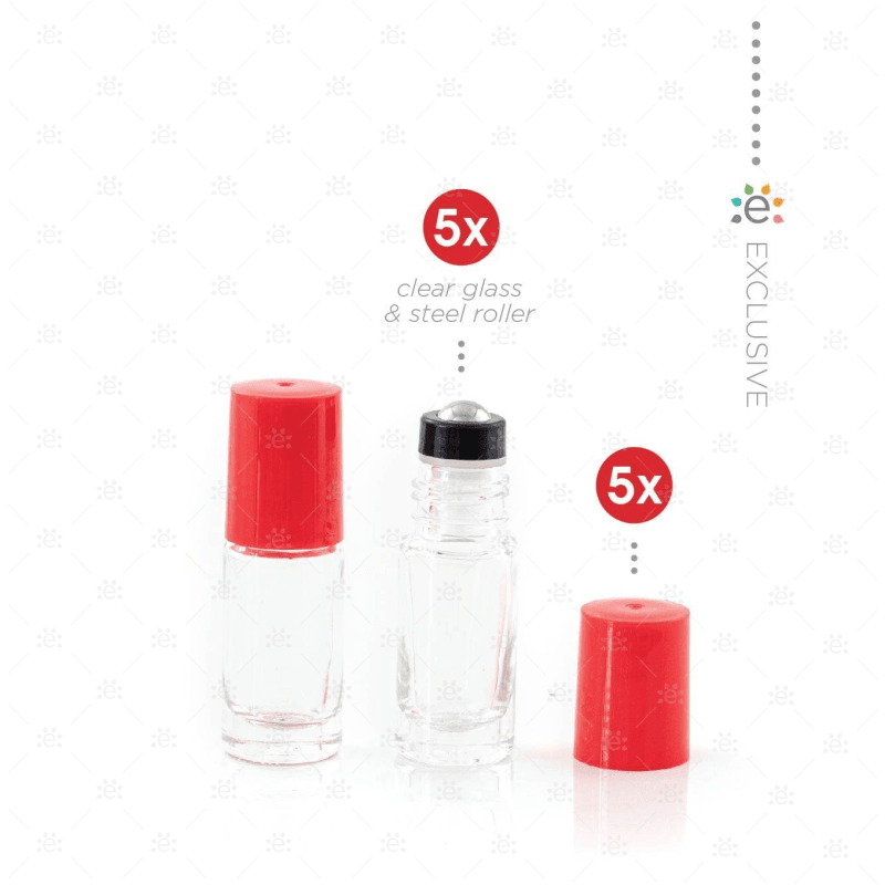5Ml Clear Glass Roller Bottle With Lipstick Kiss (Red) Lid & Premium Stainless Steel Rollerball - 5