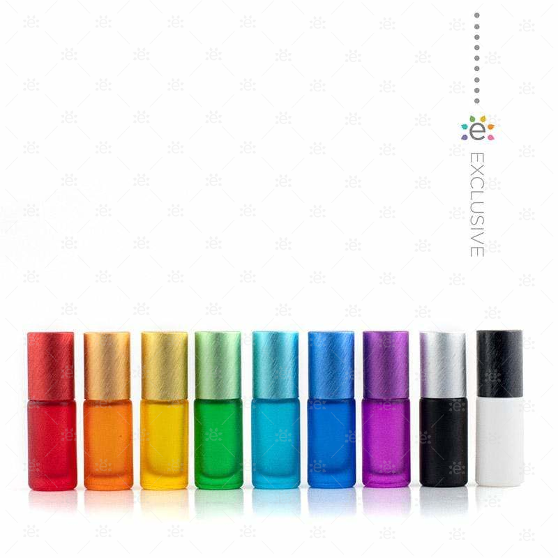 Deluxe 5Ml New Style Frosted Multi-Coloured Roller Bottles With Metallic Caps And Travel Case (Set