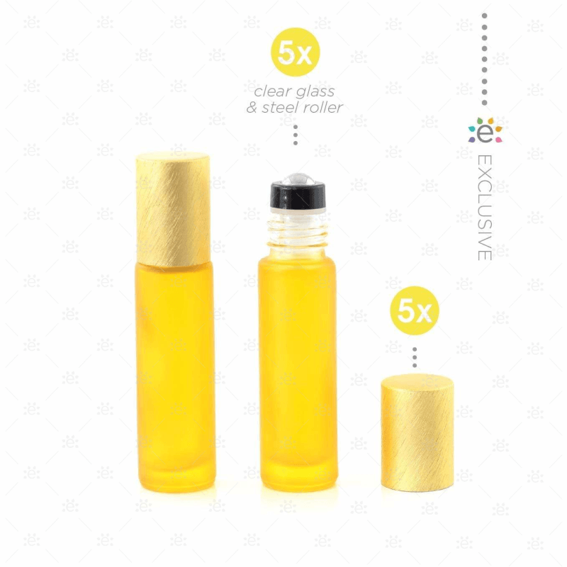 Deluxe Frosted 10Ml Yellow Roller Bottles With Metallic Caps & Premium Rollers (5 Pack) Glass Roller
