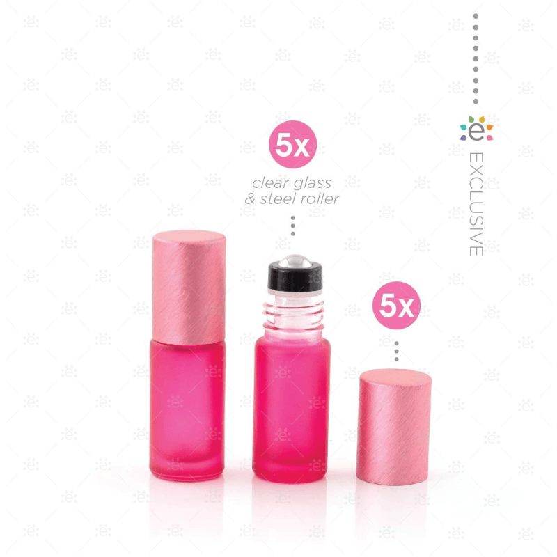 Deluxe Frosted 5Ml Pink Roller Bottles With Metallic Caps & Premium Rollers (5 Pack) Glass Bottle