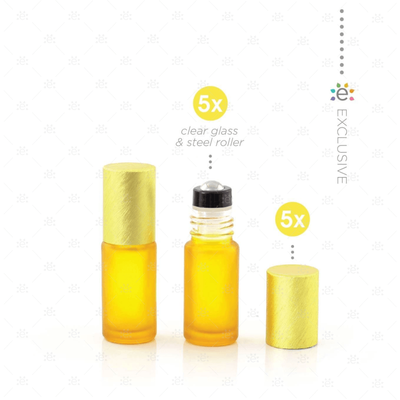 Deluxe Frosted 5Ml Yellow Roller Bottles With Metallic Caps & Premium Rollers (5 Pack) Glass Bottle