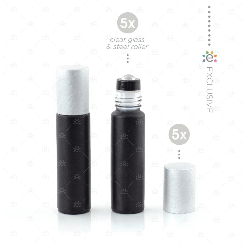 Deluxe Matte 10Ml Black Roller Bottles With Pewter Metallic Caps & Premium Rollers (5 Pack) Glass
