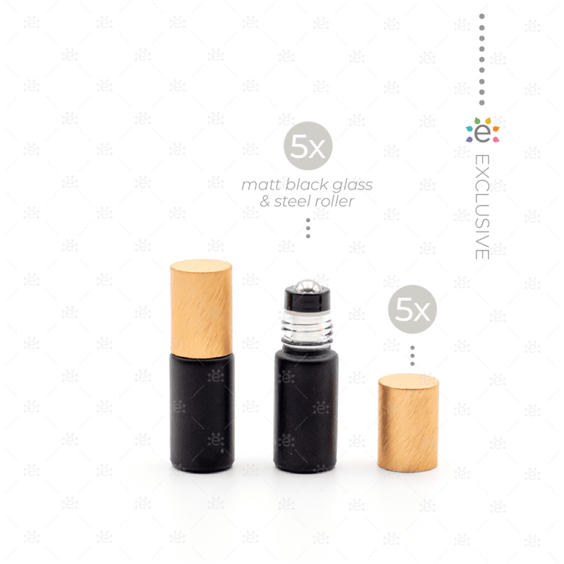 Deluxe Matte 5Ml Black Roller Bottles With Copper Metallic Caps & Premium Rollers (5 Pack) Glass