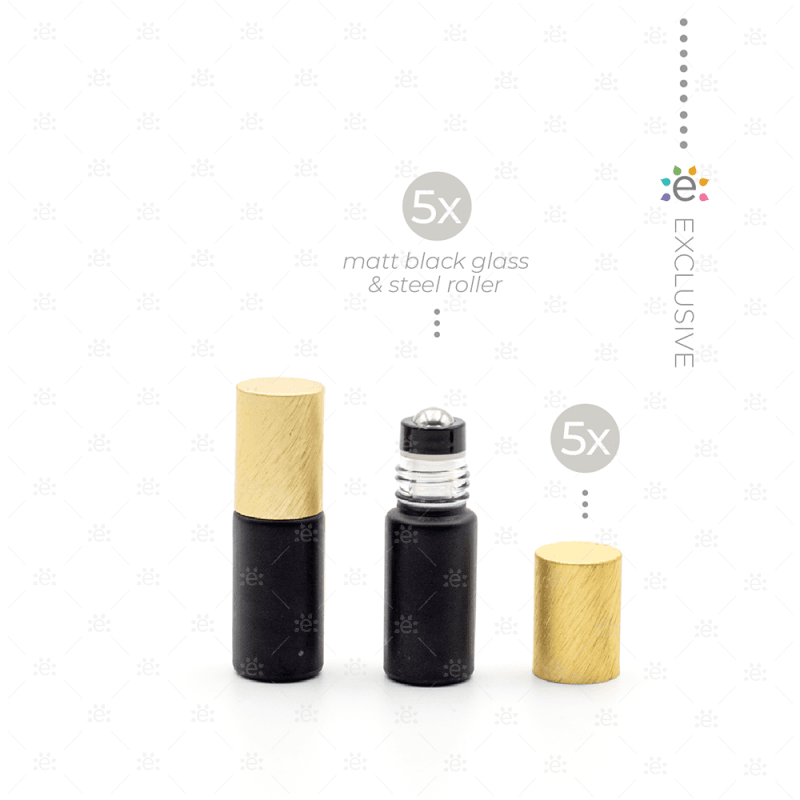 Deluxe Matte 5Ml Black Roller Bottles With Gold Metallic Caps & Premium Rollers (5 Pack) Glass