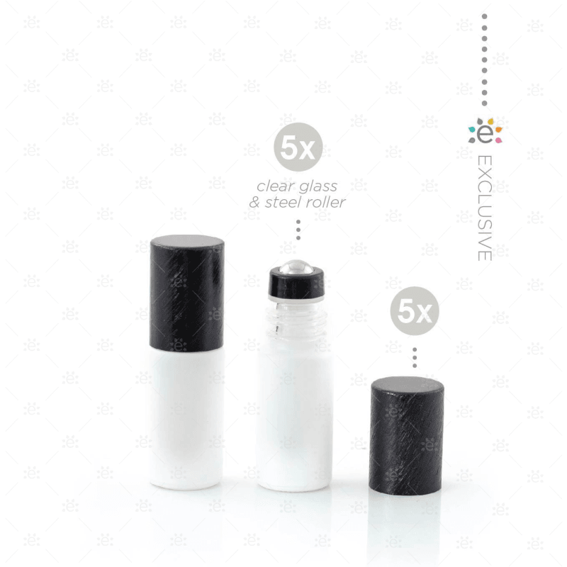 Deluxe Matte 5Ml White Roller Bottles With Black Metallic Caps & Premium Rollers (5 Pack) Glass