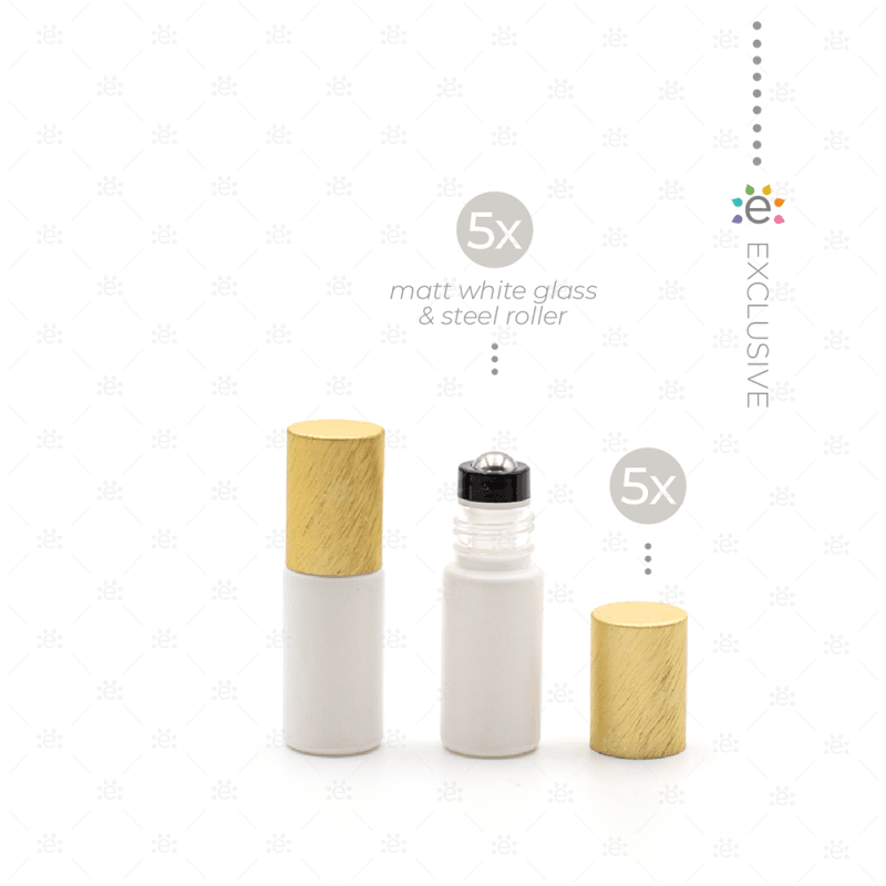 Deluxe Matte 5Ml White Roller Bottles With Gold Metallic Caps & Premium Rollers (5 Pack) Glass