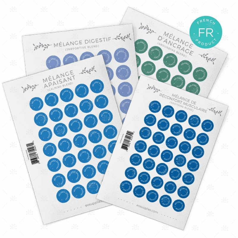 French - Bottle Cap Stickers:  Replacement Sheets (Single & Doterra Trademark Blends) 35 Per Sheet